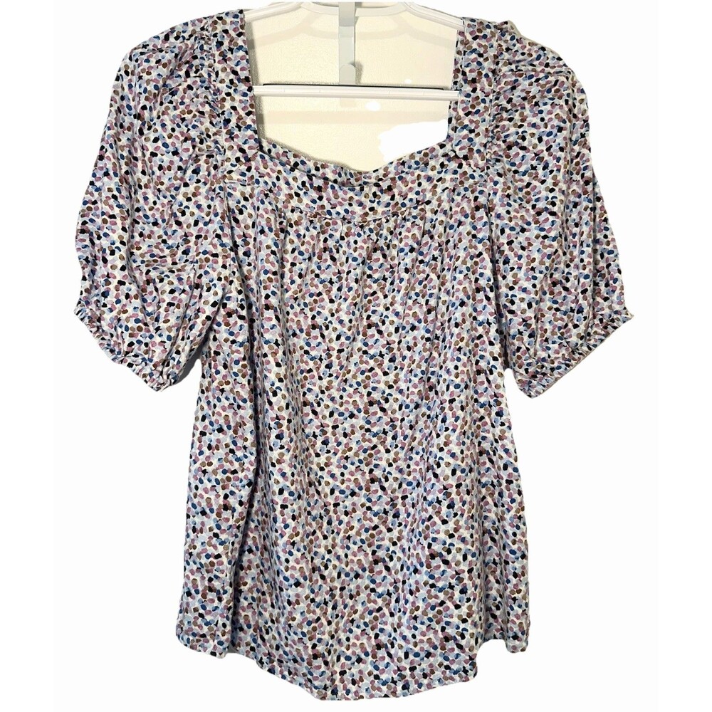 Ann Taylor Factory Blouse S Rayon Linen Puff Sleeve Square Neck Print